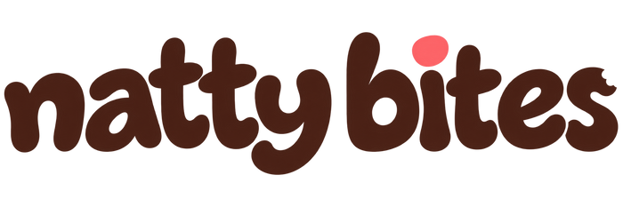 Natty Bites logo in playful cocoa lettering with a coral dot and bite detail
