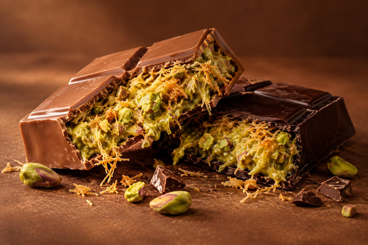 Illustrative milk and dark chocolate bars with pistachio filling and golden kadaifi crunch
