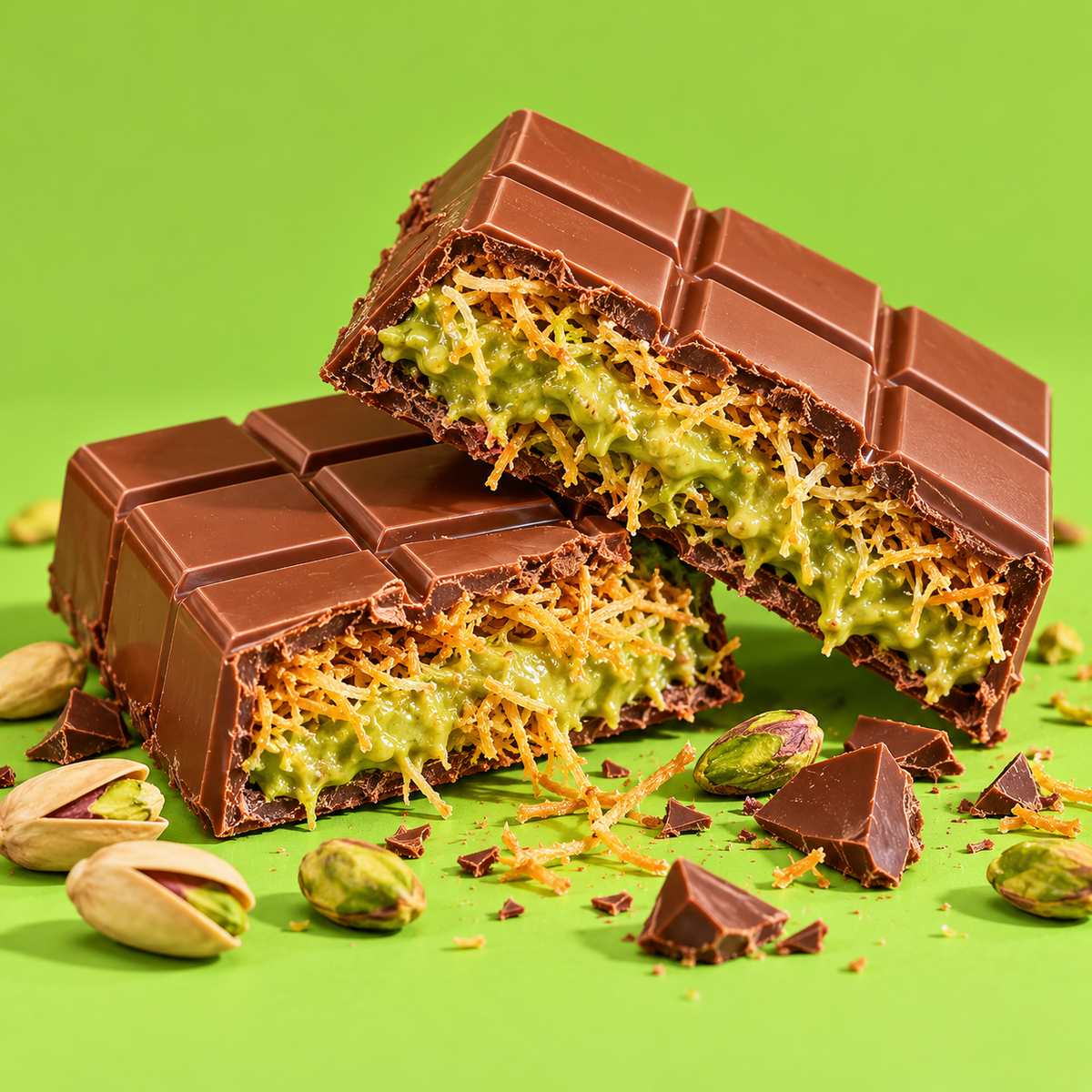 Illustrative Prince Chocolate concept: chocolate with pistachio and kadaifi on a bright green background